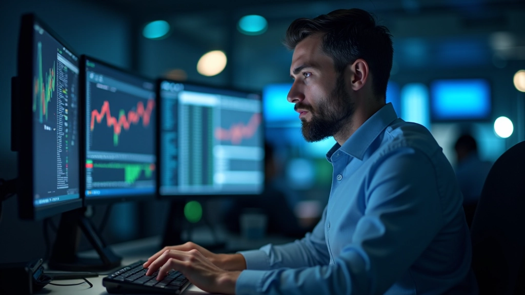 Financial professional at trading desk with computer displaying adaptive allocation model