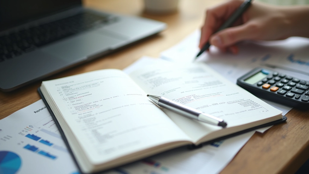 Notebook with handwritten notes about portfolio allocation strategies next to a pen and calculator