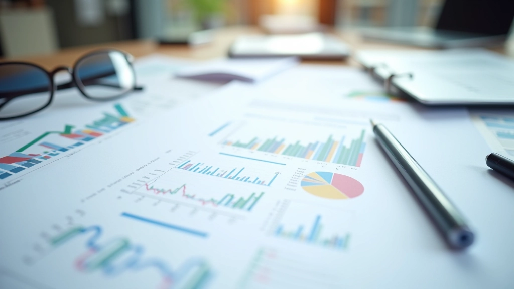 Printed financial reports and risk assessment documents on clean desk